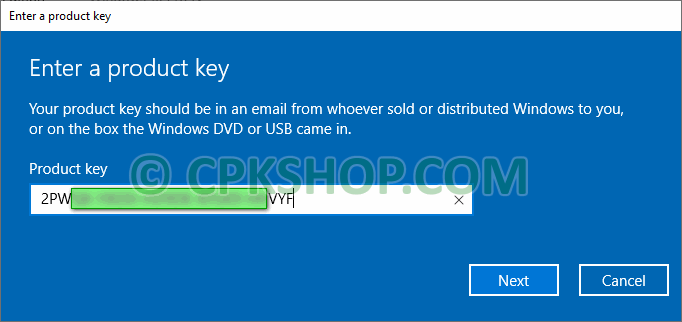 enter product key - Using a legal product key to activate Windows 10